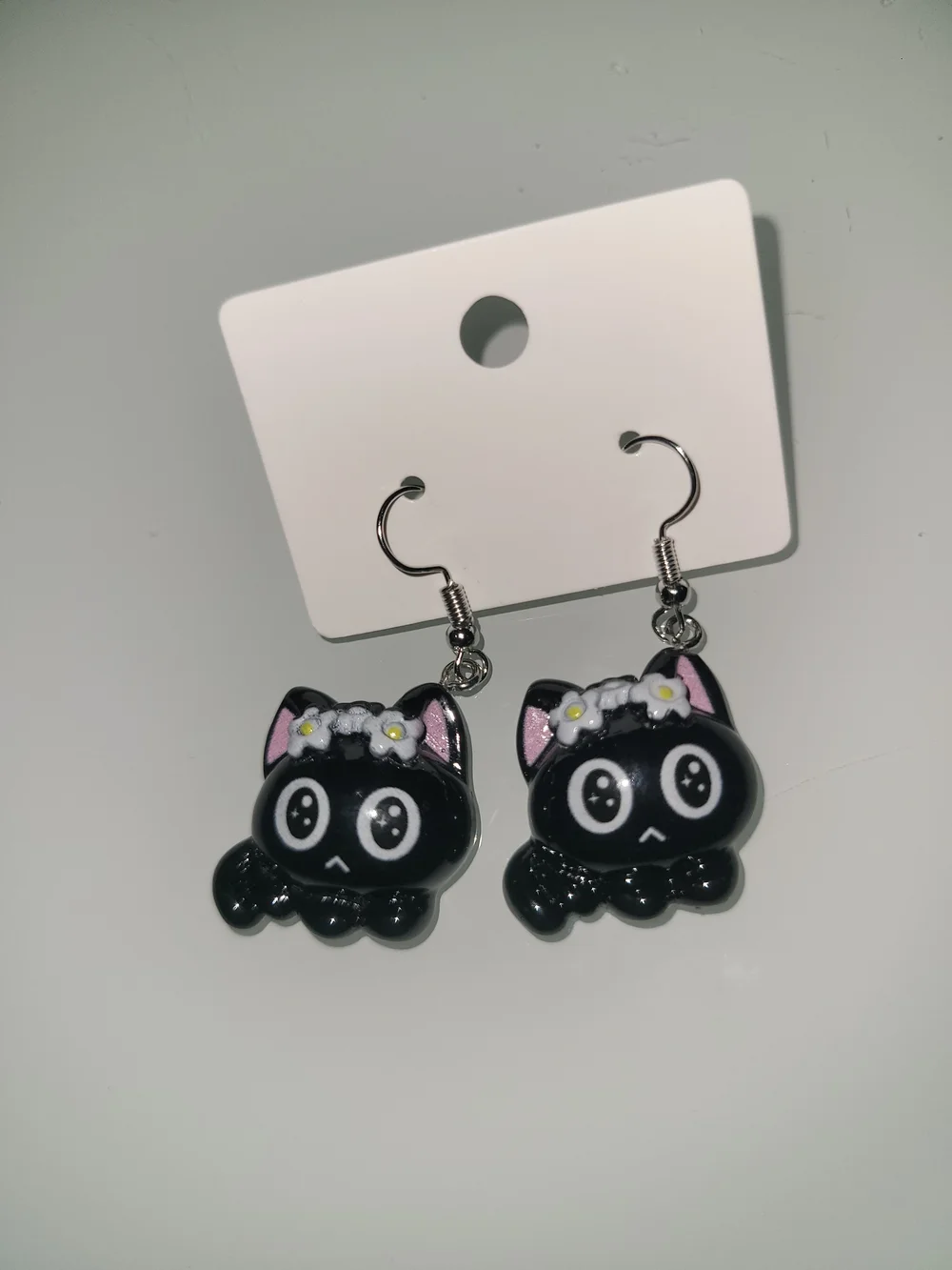 Cute Black Cat Fish Hook Dangle Earrings | Kawaii Floral Kitty | 2